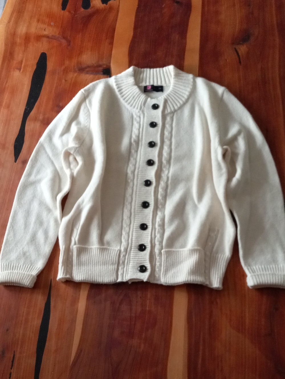 Vintage Cable Knit Button Front Cardigan Sweater Cream White Long Sleeve Size L